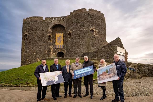 £42m regeneration of Carrickfergus moves a step closer after funding agreement. Pictured councillor Robin Stewart, alderman Audrey Wales MBE, Colum Boyle DFC permanent secretary, Mayor of Mid and East Antrim, alderman Noel Williams, councillor Robert Logan, alderman Billy Ashe, MBE and councillor Timothy Gaston