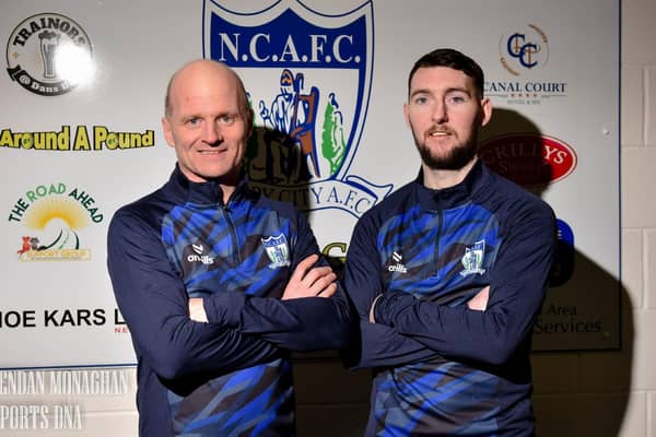 Newry City manager Barry Gray pictured with new loan signing Jamie McDonagh. Picture: Newry City AFC / Brendan Monaghan