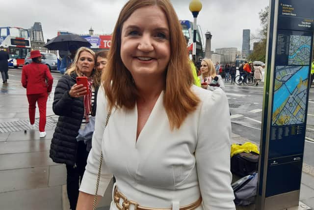 Jayne Brady, the head of the Northern Ireland civil service, after emerging from Westminster Abbey at the coronation of King Charles on Saturday May 6 2023. Her niece was one of the choristers from Methodist College Belfast who sang in the abbey. Pic by Ben Lowry