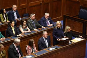 Michelle O'Neill surrounded by Sinn Fein colleagues as she speaks after being appointed as Northern Ireland's First Minister during proceedings of at Stormont on Saturday. The event was enriched by the positive tone of her and Emma Little-Pengelly's speeches. Photo: Liam McBurney/PA Wire