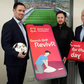 More than 1500 Irish League football players and coaches and almost 10,000 supporters in Northern Ireland will be given the opportunity to learn vital lifesaving skills during Heart Month in February. The Northern Ireland Football League (NIFL) has teamed up with the British Heart Foundation Northern Ireland (BHF NI) to promote the charity’s free and innovative online CPR training tool RevivR. Pictured at the launch at Glenavon Football Club are (L-R) NIFL’s head of Communications Neil Coleman, Glenavon FC manager Stephen McDonnell and head of BHF NI Fearghal McKinney.