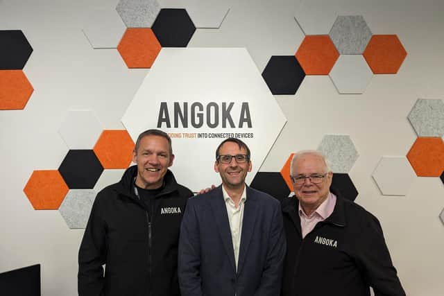 The Software Alliance celebrates 50 members with the addition of leading cybersecurity firm Angoka. Pictured is Angoka commercial director Philip Mills, Software Alliance chief executive David Crozier and Angoka chairman Steve Berry who are also celebrating the opening of their new office in Catalyst – The Innovation Centre, Belfast