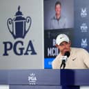 LOUISVILLE, KENTUCKY - MAY 15: Rory McIlroy of Northern Ireland speaks to the media during a practice round prior to the 2024 PGA Championship at Valhalla Golf Club on May 15, 2024 in Louisville, Kentucky. (Photo by Andrew Redington/Getty Images)