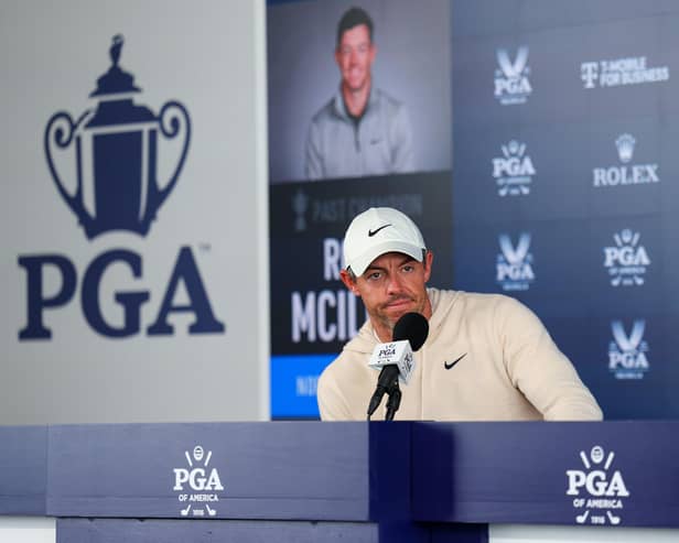 LOUISVILLE, KENTUCKY - MAY 15: Rory McIlroy of Northern Ireland speaks to the media during a practice round prior to the 2024 PGA Championship at Valhalla Golf Club on May 15, 2024 in Louisville, Kentucky. (Photo by Andrew Redington/Getty Images)