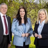 From left, UFU President William Irvine with AGM guest speakers, deputy First Minister Emma Little-Pengelly and First Minister Michelle O’Neill.