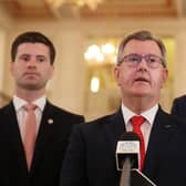 DUP leader Sir Jeffrey Donaldson with party colleagues Jonathan Buckley and Gavin Robinson as the party gets set to vote a deputy leader