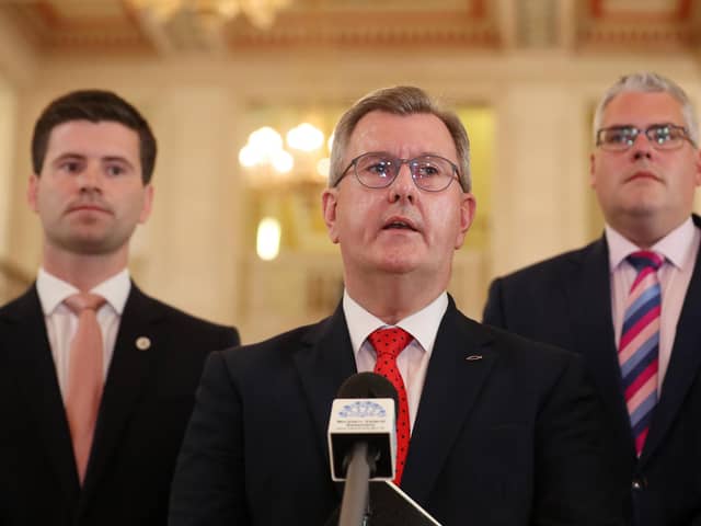 DUP leader Sir Jeffrey Donaldson with party colleagues Jonathan Buckley and Gavin Robinson as the party gets set to vote a deputy leader