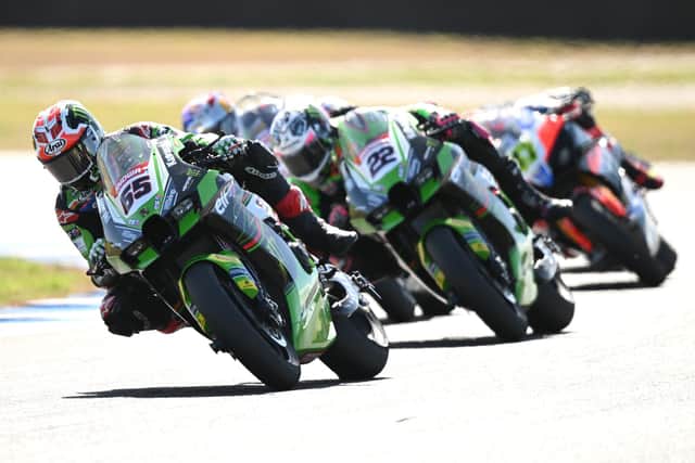 Jonathan Rea leads his Kawasaki team-mate Alex Lowes at Phillip Island in Australia on Sunday. Picture: Morgan Hancock/Getty Images.