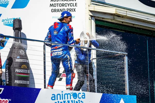 Ecstar Suzuki’s Alex Rins celebrates winning the 2022 Australian Grand Prix at Phillip Island.