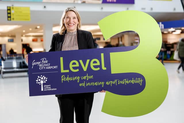 Judith Davis, airport operations manager at Belfast City Airport pictured announcing that Belfast City Airport has further reinforced its commitment to reducing greenhouse gas emissions by becoming the first airport in Northern Ireland to achieve a Level 3 Carbon Accreditation ranking.