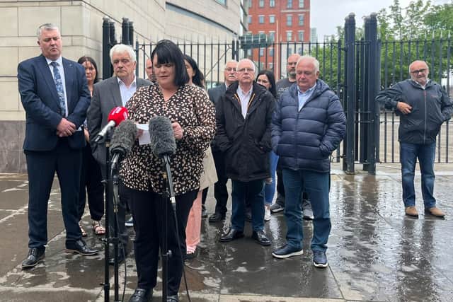 Linda Norney speaks to the media outside Laganside Court in Belfast. An inquest found that Ms Norney's uncle Leo Norney was "entirely innocent" when he was murdered by the British army in 1975 at 17-years-old. 
Photo Claudia Savage/PA Wire