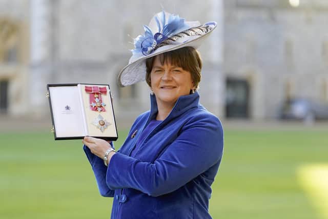 Arlene Foster after being made a Dame Commander of the British Empire by Princess Anne during an investiture ceremony at Windsor Castle, Windsor, England, Tuesday Nov. 8, 2022. (Andrew Matthews/Pool via AP)