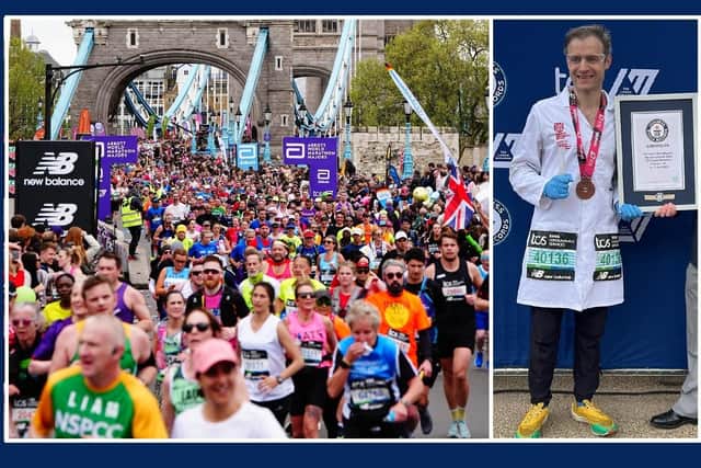 Runners cross Tower Bridge during the TCS London Marathon and right Stephen Cochrane at the finish