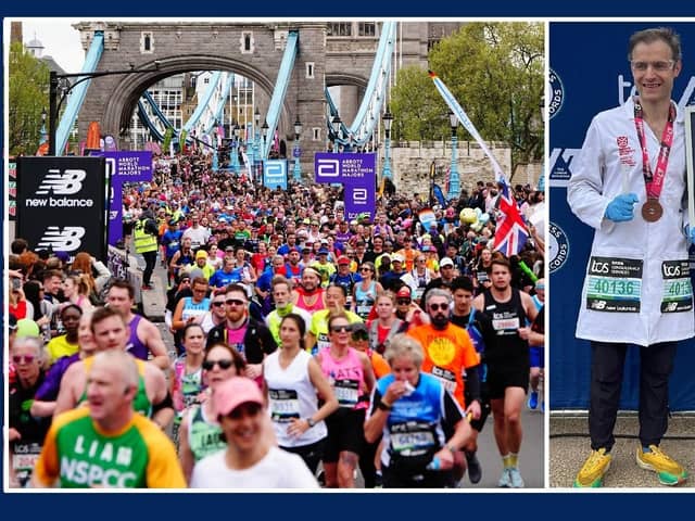 Runners cross Tower Bridge during the TCS London Marathon and right Stephen Cochrane at the finish