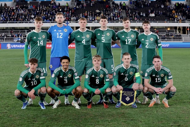Northern Ireland team line up before Friday night’s UEFA Euro 2024 qualifier against Finland at the Olympic Stadium in Helsinki