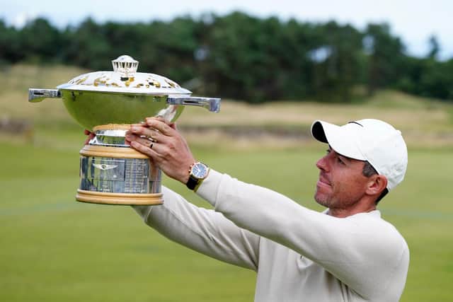 Northern Ireland's Rory McIlroy lifts the trophy following day four of the Genesis Scottish Open at The Renaissance Club. (Photo by Jane Barlow/PA Wire)