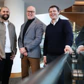 Tech start-up, Plate-Up is to establish its new operations centre in Belfast, which will see it create 16 new hybrid-working jobs. Pictured are Jack Martin, co-founder, Plate-Up, Alan Wilson, head of international investment, Invest NI  and Conor Boyle, co-founder, Plate-Up