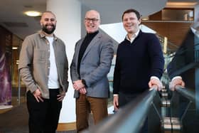 Tech start-up, Plate-Up is to establish its new operations centre in Belfast, which will see it create 16 new hybrid-working jobs. Pictured are Jack Martin, co-founder, Plate-Up, Alan Wilson, head of international investment, Invest NI  and Conor Boyle, co-founder, Plate-Up