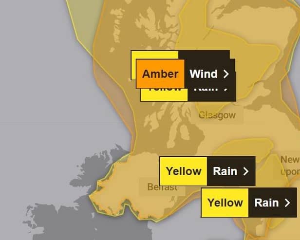 The Met Office has issued an amber weather warning for wind and a yellow weather warning for rain for later on Sunday.