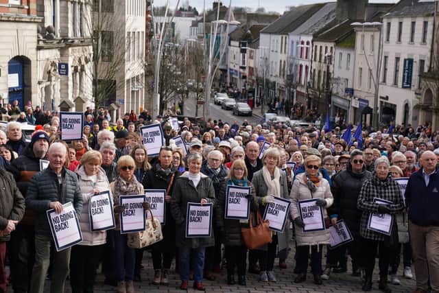 People taking part in a rally outside Omagh Courthouse to unite against paramilitary violence following the shooting of Detective Chief Inspector John Caldwell. Picture date: Saturday February 25, 2023.
