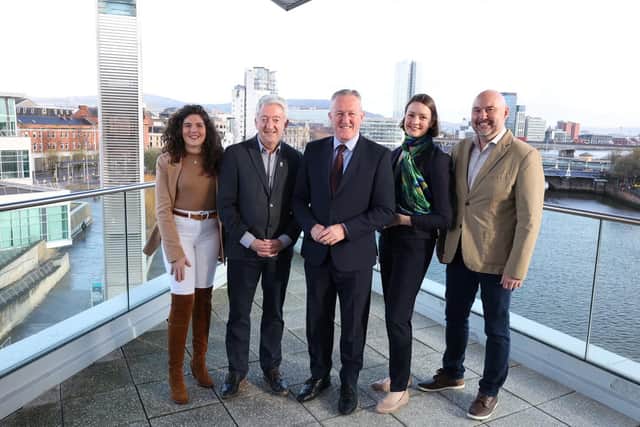 Northern Ireland’s tourism businesses will get the chance to pitch to overseas tourism buyers as Tourism Northern Ireland hosts its flagship Meet the Buyer 2024 networking event in the ICC Belfast this week. Pictured are Amy Patterson, managing director at Crindle Bespoke, John McGrillen, chief executive of Tourism NI Ireland, Conor Murphy, Economy Minister, Alice Mansergh CEO of Tourism Ireland and Mark Hollywood, vice president of The Travel Connection