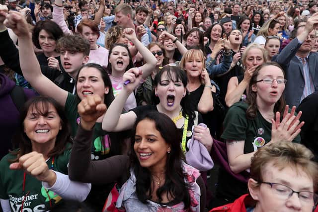 People react at Dublin Castle as the official results of the referendum on lifting the ban on abortion in the Irish Constitution were lifted in May 2018.
Photo: Brian Lawless/PA Wire