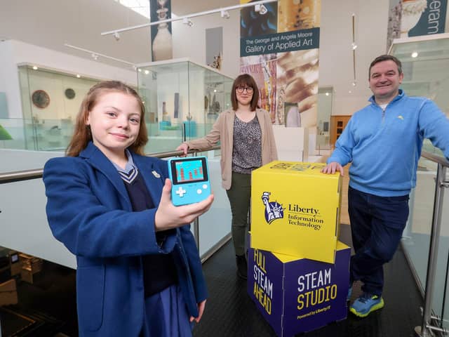 Lola Shannon (age 12) from Ashfield Girls’ High School joined Louise Rice, Education Manager of National Museums NI and Tony Marron, Managing Director of Liberty IT at the launch of a new STEAM-focused workshop to inspire young people to develop their tech skills.