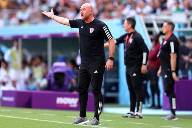 Rob Page, Head Coach of Wales, reacts during the FIFA World Cup Qatar 2022 Group B match against Iran at Ahmad Bin Ali Stadium in Doha. (Photo by Julian Finney/Getty Images)