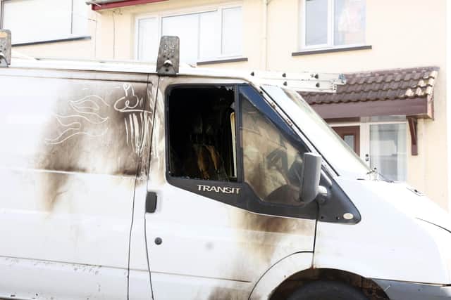 16th April 2023 - Northern Ireland. The scene on Greenland Parade in Larne, Co. Antrim, where police are investigating an overnight arson attack on a van. Picture by PressEye