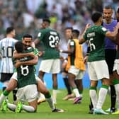 LUSAIL CITY, QATAR - NOVEMBER 22: Saudi Arabia players celebrate the 2-1 win during the FIFA World Cup Qatar 2022 Group C match between Argentina and Saudi Arabia at Lusail Stadium on November 22, 2022 in Lusail City, Qatar. (Photo by Matthias Hangst/Getty Images)