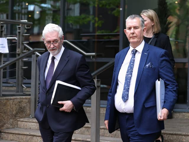 DUP MLA Edwin Poots (right) and solicitor John McBurney, leaving the Clayton Hotel in Belfast after giving evidence at the UK Covid-19 inquiry hearing