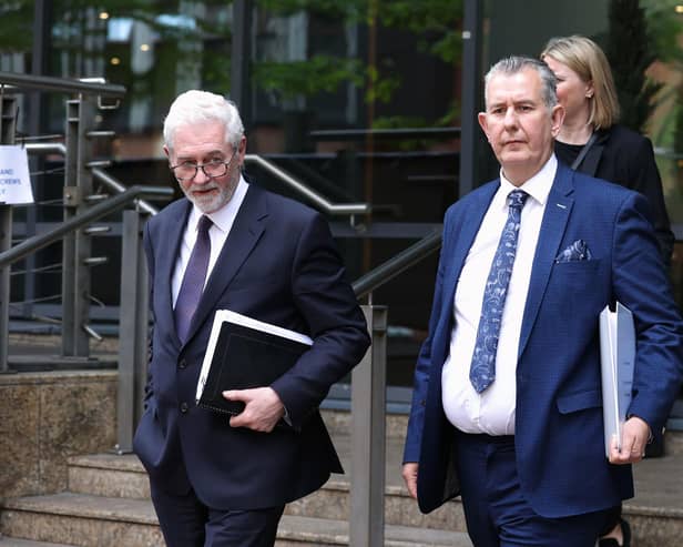 DUP MLA Edwin Poots (right) and solicitor John McBurney, leaving the Clayton Hotel in Belfast after giving evidence at the UK Covid-19 inquiry hearing