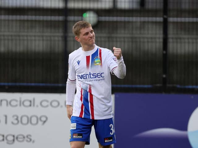 Linfield's Rhys Annett celebrates his goal during today's game at Mourneview Park, Lurgan. PIC: David Maginnis/Pacemaker Press