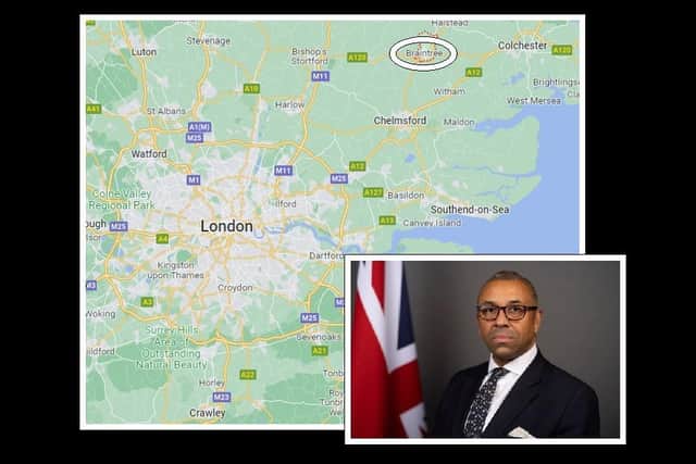 Braintree in Essex, circled, and James Cleverly