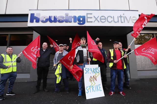 Housing Executive workers pictured on strike outside the company’s office on Adelaide Street in Belfast City Centre. The union members are out on strike over a pay dispute which will remain in place for the next four weeks. Picture by Jonathan Porter/PressEye