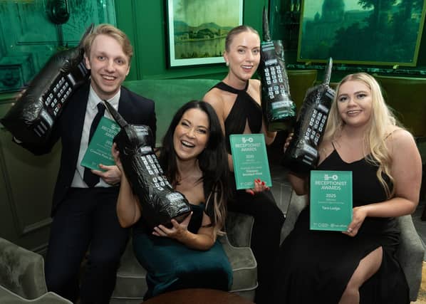 Nataniel Rahn from Crowne Plaza Belfast, winner of the Most Promising Receptionist category; compere Kim Kelly; Mairéad McGahan from Shipquay Boutique Hotel in Derry-Londonderry, winner of the Receptionist of the Year category and Nicole Hardy from Tara Lodge in Belfast, winner of the Reception Team of the Year category.