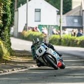 Michael Dunlop (Team Classic Suzuki) at Gorse Lea during the opening Classic Superbike practice session for the 2023 Manx Grand Prix.