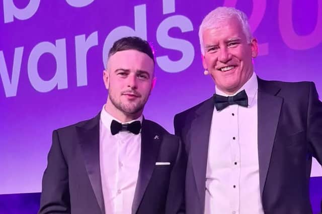 Steve Wood, chief executive officer at National House Building Council (NHBC) pictured with Cathal Brannigan of Alskea Ltd who won a top national award for his house building quality at Oakfield Park in Newtownabbey. Credit: Alskea Ltd