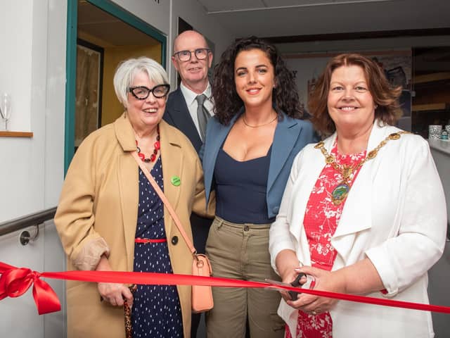 Derry City and Strabane District Council Mayor Councillor Patricia Logue in the city’s Tower Museum as she cut the ribbon with Ann and Chris McGee parents of show creater Lisa. The event was attended by the original Derry Girls who provided the inspiration for the characters in the hit TV show and actress Jamie Lee O’Donnell who brought the role of Michelle to life.