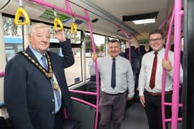 Mayor of Causeway Coast & Glens Colr. Steven Callaghan with Sam Todd (centre), service delivery manager, Translink and Peter O'Hare, assistant service delivery manager, onboard the Translink Zero Emission buses now in service at Coleraine Bus Station.