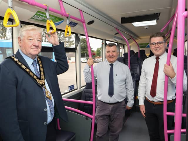 Mayor of Causeway Coast & Glens Colr. Steven Callaghan with Sam Todd (centre), service delivery manager, Translink and Peter O'Hare, assistant service delivery manager, onboard the Translink Zero Emission buses now in service at Coleraine Bus Station.