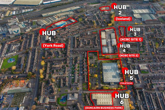 Economy Minister Dr Caoimhe Archibald has announced a £3.75m investment which will see three buildings in north Belfast transformed to provide community-based facilities including expanded workspace for new and growing businesses. Pictured is aerial view showing location of new sites