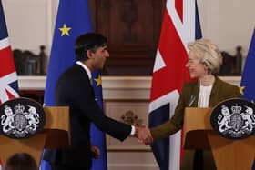 Prime Minister Rishi Sunak and European Commission president Ursula von der Leyen announced the Windsor Framework earlier this year. The Stormont Brake was a key selling point - as it give a limited say to Stormont politicians over EU laws applicable to NI. Photo: PA.