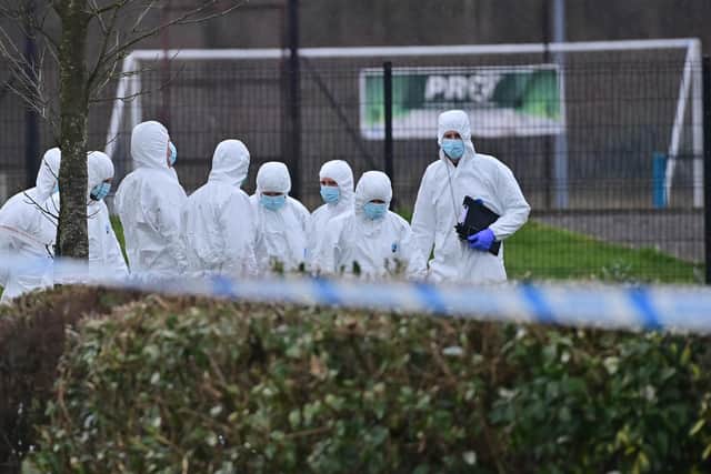Forensics at the scene as A attempted murder investigation has been launched after an off-duty police officer was shot at a sports complex in Omagh, County Tyrone, on Wednesday.
