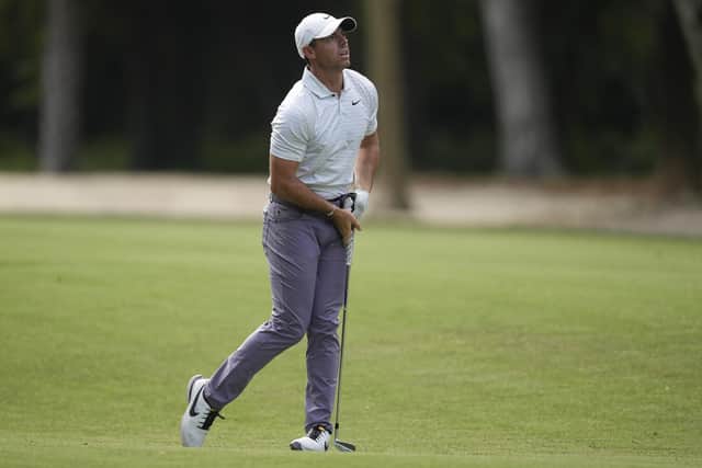 Rory McIlroy hits from the fairway on the 15th hole during the third round of the RBC Heritage golf tournament