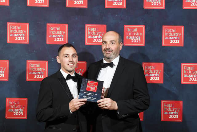 Bradley’s Centra Maghera store manager Eoghan Jordan and owner Joe Bradley celebrate after winning Drinks Retailer of the Year