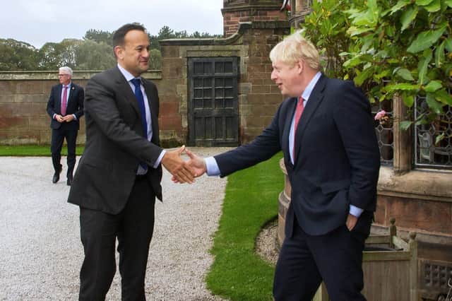Leo Varadkar meeting with then UK prime minister Boris Johnson at Thornton Manor Hotel, on The Wirral, Cheshire, in October 2019, ahead of private talks in a bid to break the Brexit deadlock. It is said that this meeting unlocked the deal that ultimately saw an Irish Sea border approved by the UK parliament