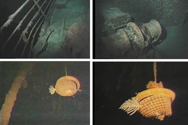 Some of the footage now released showing HMS Titanic on the seabed. One image shows a deck and railing, another shows a cable winch. The orange object which looks like some kind of fish at first is in fact a fancy lampshade