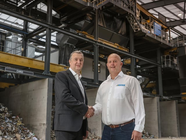 Northern Ireland waste-management service McKinstry Group and Dungannon’s Kiverco have marked the completion and handover of a major new £16m recycling plant, representing a significant investment in local waste recovery, recycling infrastructure and circular economy. Pictured is Darren McKinstry, managing director at McKinstry Group and John Irwin, managing director at Kiverco