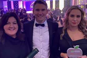 Pictured receiving the accolade on behalf of ABP Linden Foods at a black-tie dinner and ceremony in the Royal Lancaster Hotel, London are Diane Christie, ABP Linden head of innovation and Caoimhe Mallon ABP Linden retail technical manager with Daniel Murphy, M&S business unit controller
